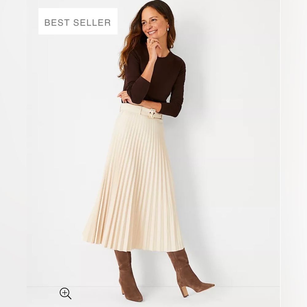 Ann Taylor Cream Pleated Midi Skirt with Belt
